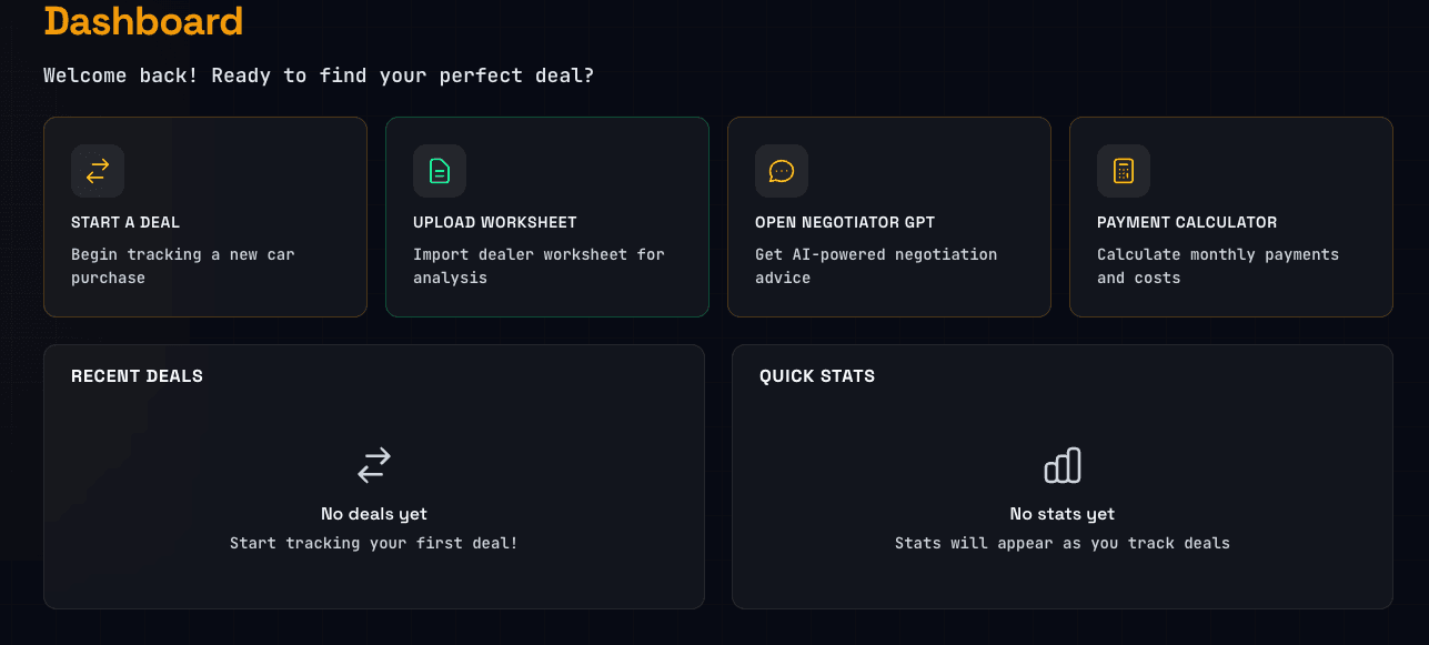 Car Deal Coach dashboard — track deals, view stats, and access all tools
