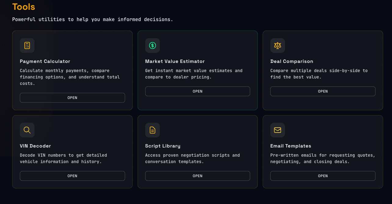 Car Deal Coach tools suite — calculator, market value, VIN decoder, scripts and more