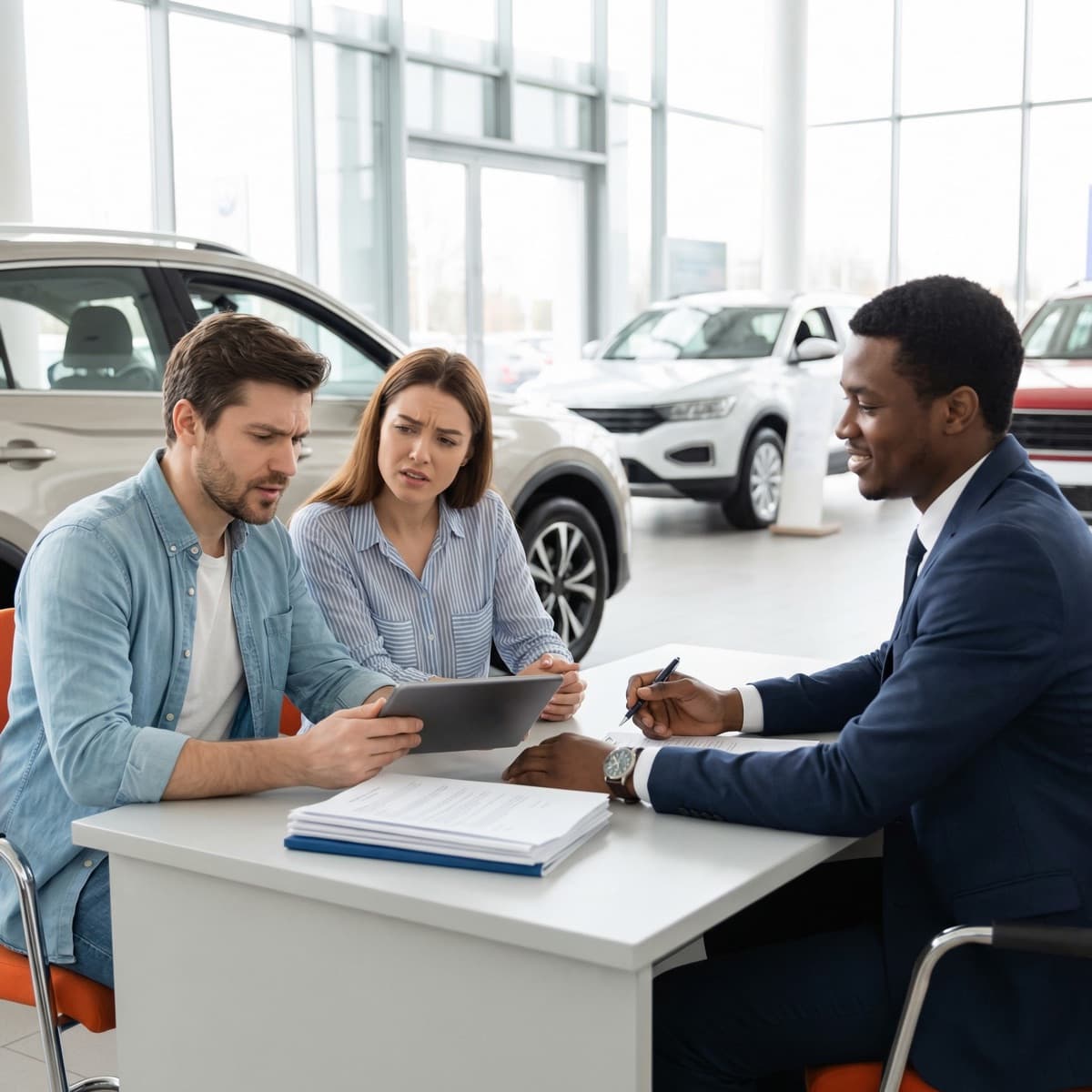Couple negotiating at a car dealership